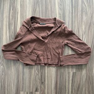 Zara Brown Long Sleeve Crop Top with collar